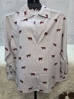 Light Gray Button-Up Shirt with Red Cow Print